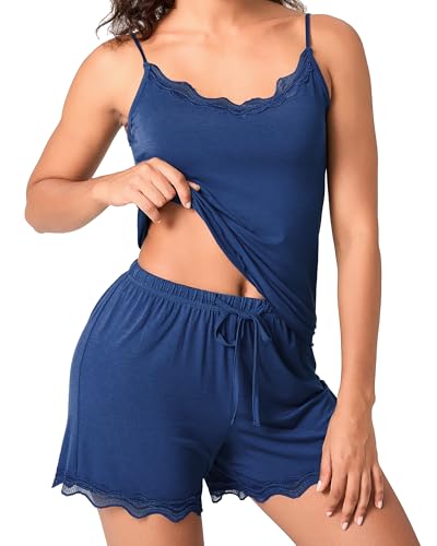Image of BAMBOO COOL Women's Pajama Sets Lace Trim PJ Set with Shorts Sexy Ruffles Sleepwear for Women