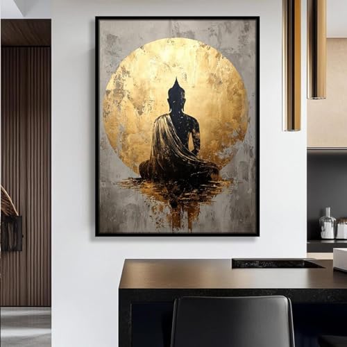 TONGYINLI Grand tableau de Bouddha, portrait minimaliste, tableau mural | Impression de tête de Bouddha dorée, décoration de salon, cadre 30 x 40 cm