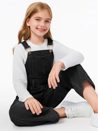 Haloumoning Denim Jumpsuit Mädchen Jeans Latzhose Kinder Ärmelloses Lange Hosen Overall Casual Loose Fit Strampler mit Taschen, Schwarz, 11-12 Jahre