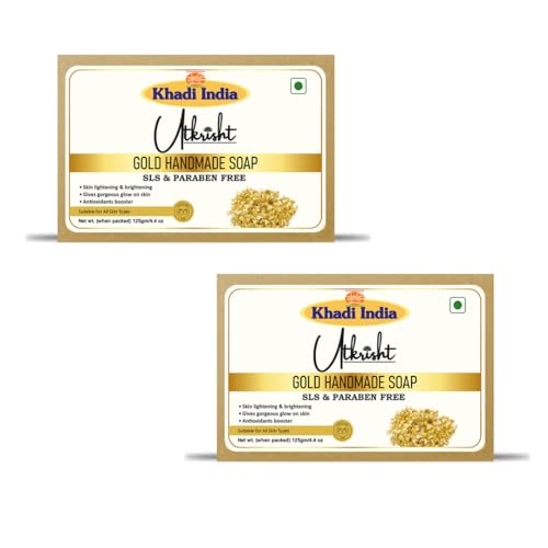 Image of Utkristh Khadi Gold Handmade Bathing Soap | Natural & Herbal Skin Brightening Bar | Luxury Body Cleanser with Essential Oils | For Glowing Skin | Unisex | 125g (Pack of 2)