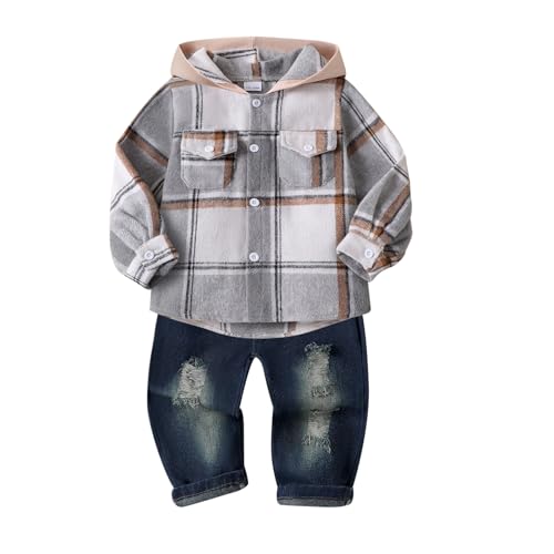 Image of Toddler Baby Boy Fall Winter Clothes Long Sleeve Plaid Hooded Sweatshirt Ripped Holes Jeans Set 1-5 Years Old