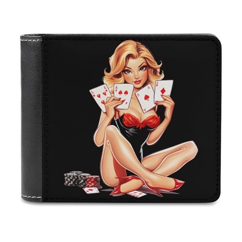 Aces Playing Cards Pinup Girl Bifold Wallet PU Leather Front Pocket Slim Credit Card Holder Coin Purse for Women Men
