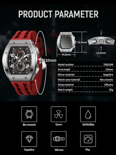 Image of TSAR BOMBA Mens Luxury Watch Watches for Men 50M Waterproof Japanese Quartz Movement Tonneau Stainless Steel Case Sapphire Glass with Chronograph Date Function Cool Unique Fashion Gift