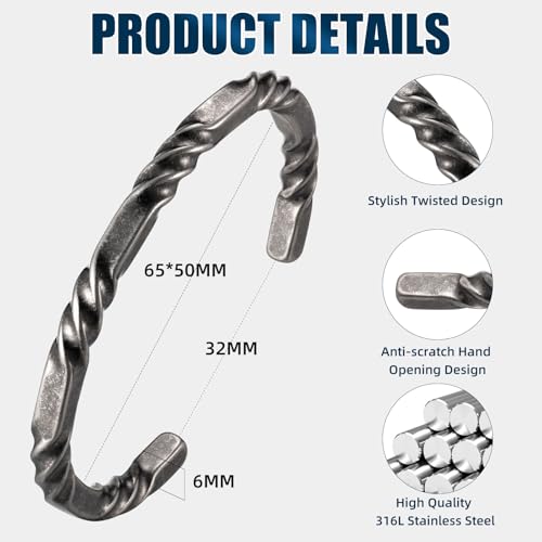 Stainless Steel Mens Cuff Bracelet, Minimal Twist Cool Antique Retro/Silver/Black Open Metal Cuff Bangle Bracelets for Men, 70mm4
