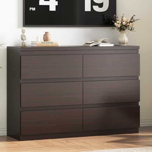 Modern 6-Drawer Dresser - Stylish Chest for Bedroom, Closet, and Living Spaces - Retro Brown Wood Storage with Smooth Metal Rails