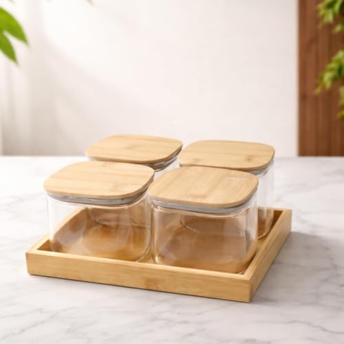 Crockwitty Borosilicate Transparent Glass Storage Jar Set with Bamboo Tray, Set of 4 (500ml) Airtight Square Glass Containers with Bamboo Lids & Silicone Seal, Dry Fruit Storage Jars for Spice