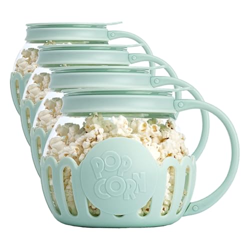 Image of Ecolution Patented Micro-Pop Microwave Popcorn Popper with Temperature Safe Glass, 3-in-1 Lid Measures Kernels and Melts Butter, Made Without BPA, Dishwasher Safe, 1.5-Quart, Aqua (Pack of 4)