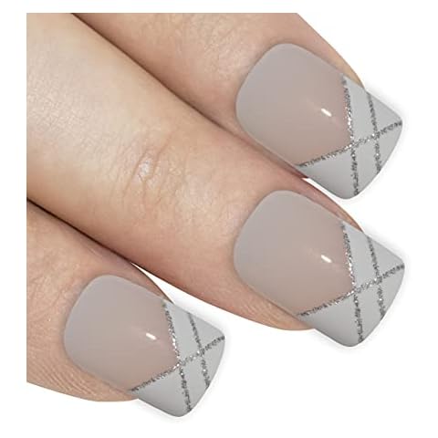Bling Art False Nails French Fake Silver Glitter Squoval 24 Acrylic Medium Tips Cover