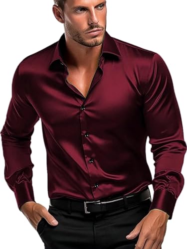 Image of IndoPrimo Men's Satin Shirt with Spread Collar Neck Line Solid Pattern Full Sleeves Regular Fit Western Style and Standard Length