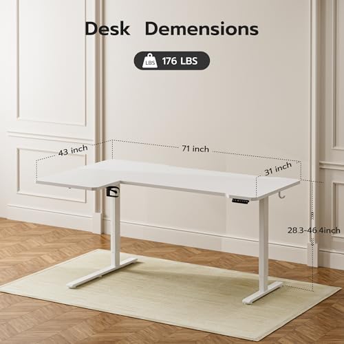 Image of Acrolix L Shaped Electric Standing Desk, 71x43.5 Inch Reversible, White | 176 lb capacity,28.3-46.4 inch height,3 memory presets,quiet <45dB motor,cup holder&hook,home office gaming corner desk