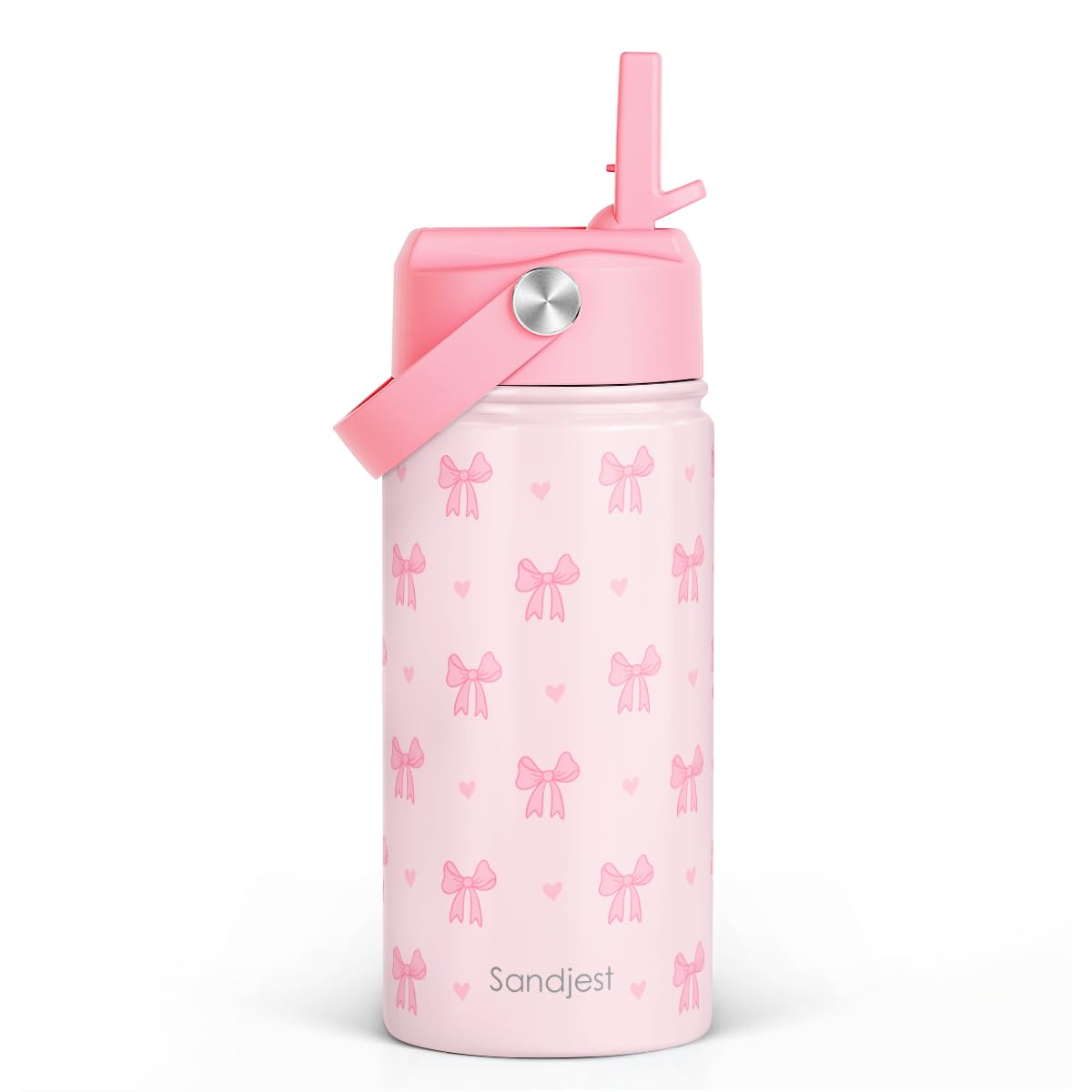 Bow Kids Water Bottle With Straw Lid 12oz Insulated Stainless Steel, Travel Tumbler, Pink Bow Gifts For Girls, Birthday, Christmas, Back To School