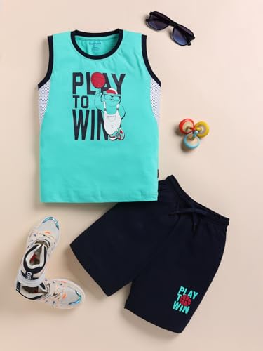 Image of Bumchums Boys Sleeveless Round Neck T-Shirt and Pant Set for Boys, Casual Clothing Set, Trendy and Cute, Graphic