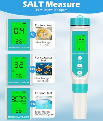 7 in 1 TDS Meter, Professional Digital Versatile Water Tester-TDS/EC/PH/Salt/S.G/OPR/Temperature, with Calibration Buffer Powder, for Drinking Water, Fish Tank, Hydroponics, laboratory, Pool, Aquarium