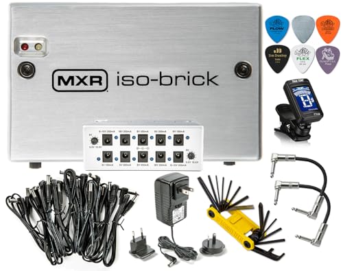 MXR M238 Iso-Brick Effects Pedal Power Supply 9V 18V Outputs Plus Two Variable 6V-15V with Tonebird Bundle with Dunlop 18V Power Adapter True Tune Tuner Multi-Tool Patch Cables and Dunlop Picks