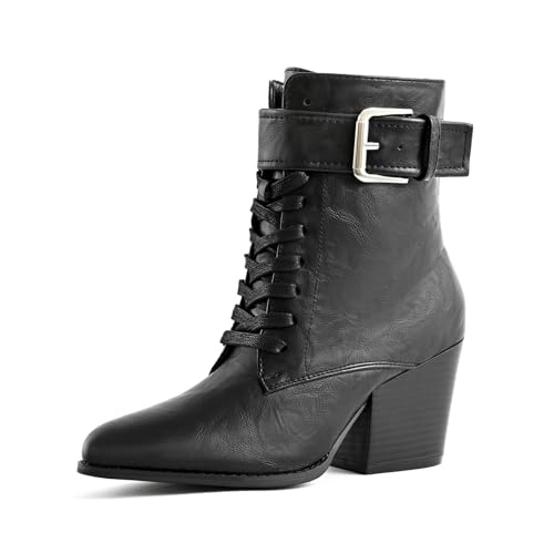 Ankle Boots for Women Chunky Heels Lace-up Booties with Side Zipper Buckle Strap Pointed Toe Comfortable Casual Ladies Work Booties Shoes