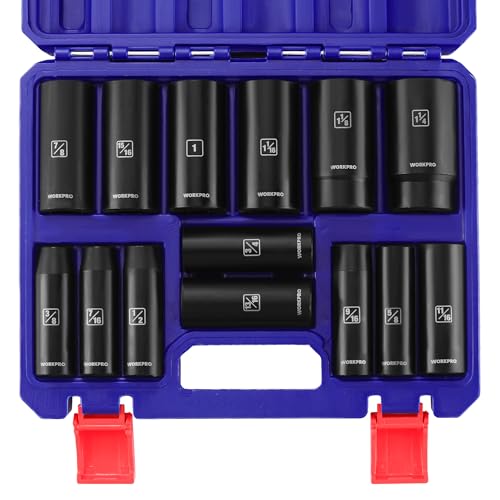 WORKPRO 14-Piece 1/2? Drive Deep Impact Socket Set, 6-Point Impact Deep Socket Set with Heavy Duty Storage Case for Automotive and Mechanical Repairs, 3/8