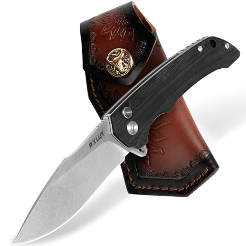 RXLUY Folding Pocket Knife with Leather Sheath, 3.47' N690Co Premium Steel Blade G10 Handle Knives, EDC Small Folding Knife for Men Women, Outdoor Survival Camping Hiking Knife (Black)