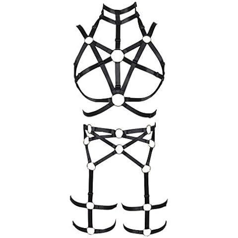 MAMOHSS Women's Fashion Elastic Body Harness Set Full Cage Garter Belt Strappy Costumes Adjustable Size - Black - Adjustable Cover