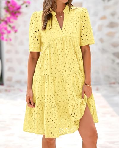 Image of BTFBM Womens Boho Summer Dresses 2026 Spring V Neck Short Sleeve Hollow Out Lace Ruffle Casual Beach Mini Vacation Dress