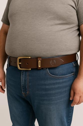 Image of Flyer Genuine Leather Oversize Belt for Men - Plus Size Waist 44 to 72 Inch - Heavy Duty XL Leather Belt Brown with Pin Buckle - Adjustable Big and Tall Waist Belt - Gift Box & 2-Year Warranty - BR908