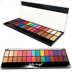 Belle Angel - Paleta de Sombras Coloridas Fosca e Acetinada 28 Cores Vibrantes + Pincéis Profissionais Acabamento Matte e Cintilante Ideal para Looks Artísticos e Festas Estojo com Espelho