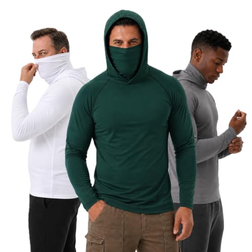 Image of 3 Pack Mens Sun Protection Fishing Hoodie with Face Mask UPF 50+ Long Sleeve Compression Work Shirt Quick Dry