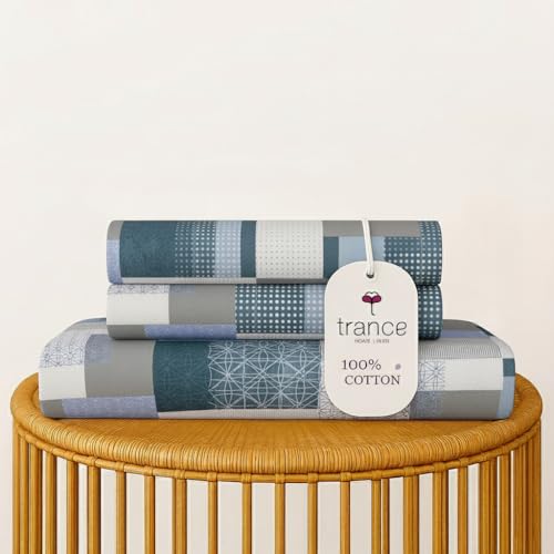 Image of Trance Home Linen 100% Cotton 144TC Elastic Fitted Bedsheet | Printed Double Size Bed Elasticated Fitted Bedspread with 2 Pillow Covers (75x72 inch, Abstract Green)