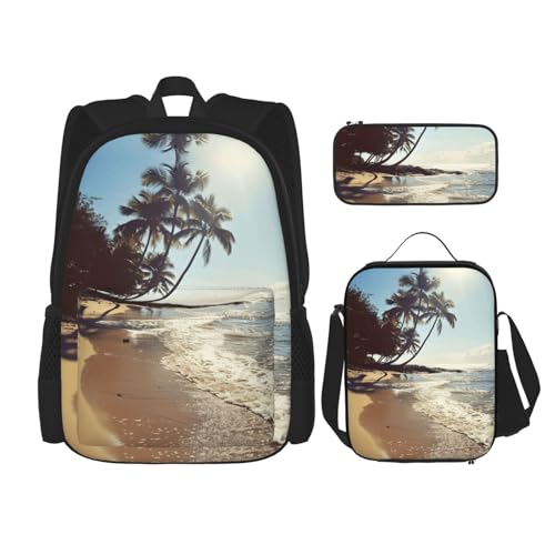 Hawaii Beach Print 3 Piece Backpack Set, Laptop Daypack, Lightweight Bookbag Set With Lunch Bag Pencil Case