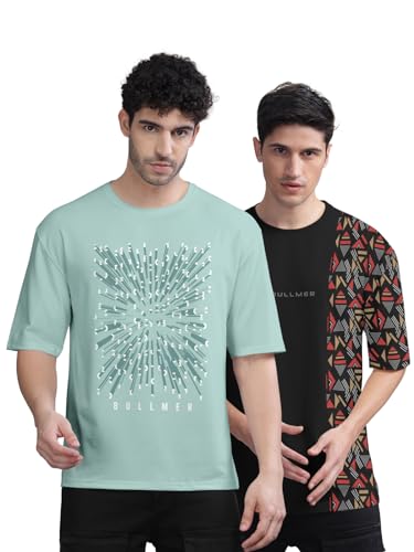 Image of BULLMER Trendy Front and Back Printed Oversized Round Neck T-Shirt for Men - Pack of 2