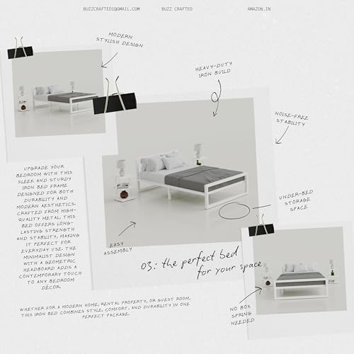 Image of Single Size Metal Bed Frame | SingleSize Metal Bed for Adults | Heavy Duty Iron Bed | Steel Bed Single | Single Metal Cot | Platform Bed | White MetalBed | Metal Slats | No Box Spring Needed