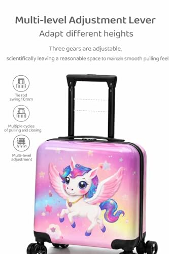 Image of Kids Carry On Luggage with Wheels 18 Inch Hard Shell Suitcase for Boys and Girls | Rolling Travel Bag with Retractable Handle and Spinner Wheels for Trips (Pink Unicorn)