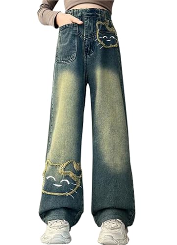 Girls Cute Cat Embroidery Jeans Kids Elastic Waist Baggy Wide Leg Distressed Denim Pants