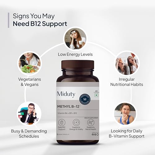 Image of Miduty Vitamin B12 Supplement - Bioactive B-Complex with B6, B9, B12 - Daily Energy Support - Triple Formula for Mood, Brain & Nerve Support - Fast Absorbing Chewable - 60 Veg Tablets