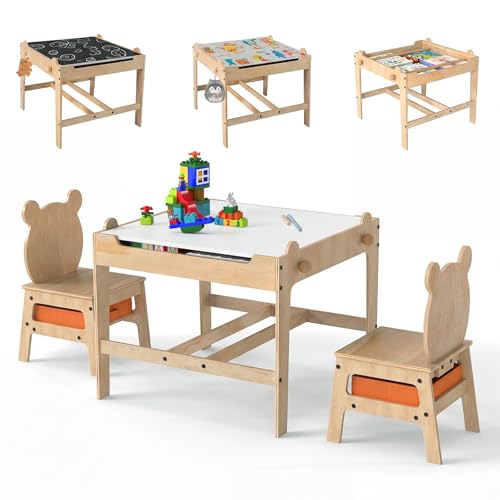 GOPLUS Table Enfant avec 2 Chaises en Forme d'ours, Table de Dessin avec Plateau Réversible Double Face Tableau Blanc/Noir, 2 Bacs en Tissu, Bureau Enfant...