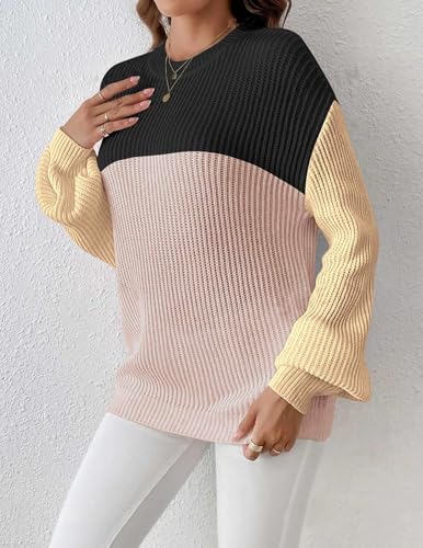 Image of Zeagoo Women 2026 Fall Lightweight Oversized Sweater Crew Neck Long Sleeve Color Block Pullover Rib Knit Blouse Tops XS-2XL