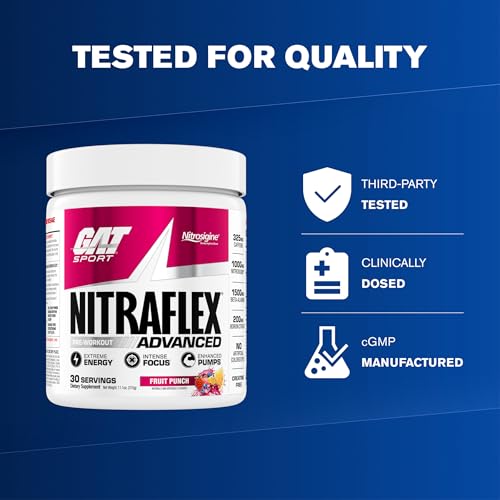 Image of GAT SPORT Nitraflex Advanced Pre-Workout Powder - Energy Drink Mix - Supports Healthy Blood Flow - Boosts Strength & Energy - Creatine-Free - 30 Servings - Fruit Punch