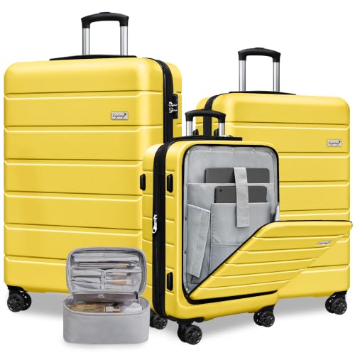Image of KEYTANG SmileLine 3-Piece Luggage Set Lightweight Hardside Suitcase TSA Lock Spinner Wheels, 20 inch Expandable Carry-On Luggage with Quick Access Front Open Pocket, Bonus Makeup Bag,Yellow