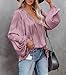 LAMISSCHE Womens Sexy Deep V Neck Blouse Lantern Long Sleeve Chiffon Shirt Oversized Drawstring Silk Satin Tunic(Pink,XL)