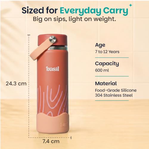 Image of Basil HydraRush Stainless Steel Insulated Kids Water Bottle for School, 600ml Leakproof Bottle with Carry Handle, Double Wall Vacuum Thermosteel Bottle for School, Travel & Outdoor | Coral Swirl