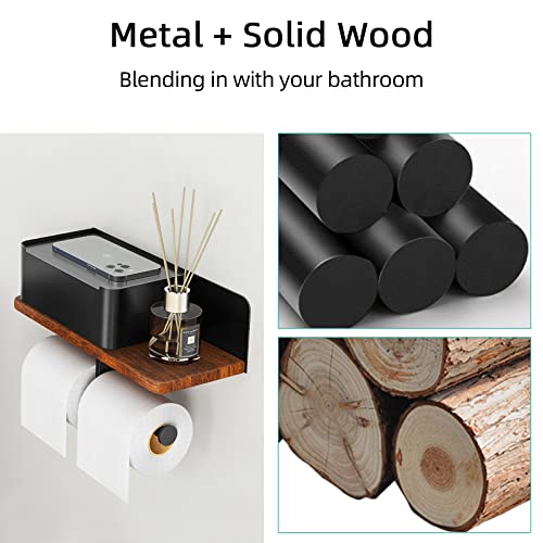 Toilet Paper Holder With Shelf Double Roll Toilet Tissue Holder With Wipes Dispenser For Bathroom, Metal And Solid Wood Tissue Paper Roll Holder Wall Mount Storage Aromatherapy, Phone Shelf, Black #TOP1