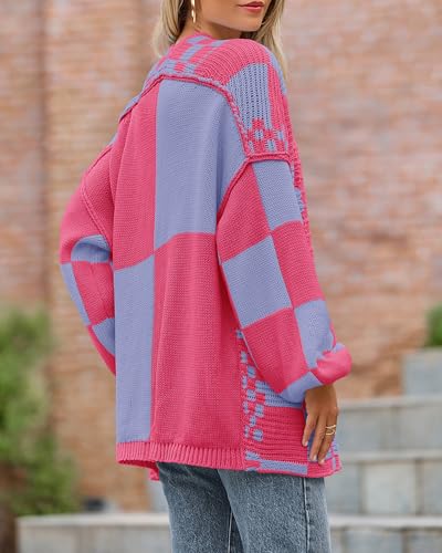 Image of BTFBM Casual Cardigan Sweater for Women Fall 2026 Long Sleeve Open Front Chunky Knit Sweaters Checkered Outwear Coat