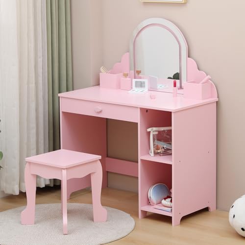 Garvee Tocador de Maquillaje para Niña con Luz LED y Diseño Ola, Mesa Infantil con Cinta Luminosa y Taburete, 95,5 cm, para Niñas de 3 a 6 Años, Rosa con Accesorios de Juego para maquillarse