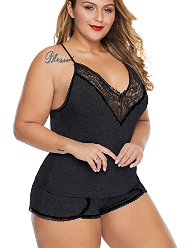 Image of Women Plus Size Pajamas Cami Shorts Set Nightwear Sexy Lace Lingerie Sleepwear