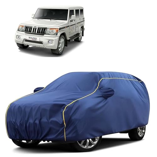 Image of Sulfar 100% Water Resistant Car Body Cover Compatible with Mirror for Mahindra Bolero (Triple Stitched, Full Bottom Elastic, Blue Taffeta with Yellow Piping)
