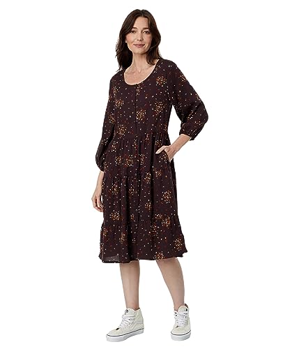 Toad&Co Manzana Tiered Long Sleeve Dress Carob Floral Print SM at