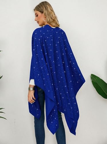 Image of Womens Rhinestones Open Front Poncho Shawl Wrap Cape Ruana Travel Blanket Cardigan