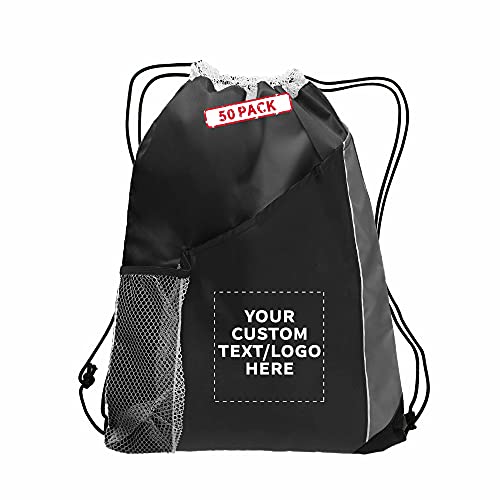 DISCOUNT PROMOS 50 Side Mesh Pockets Drawstring Backpacks Set - Customizable Text, Logo - Tri Color, Front Pocket, Side Mesh - Black