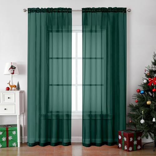 Image of OVZME Hunter Green Sheer Curtains 84 Inches Long 2 Panels - Soft Light Filtering Christmas Sheer Panels for Living Room/Bedroom, Top Dual Rod Pocket, 1 Pair, Each 42Wx84L