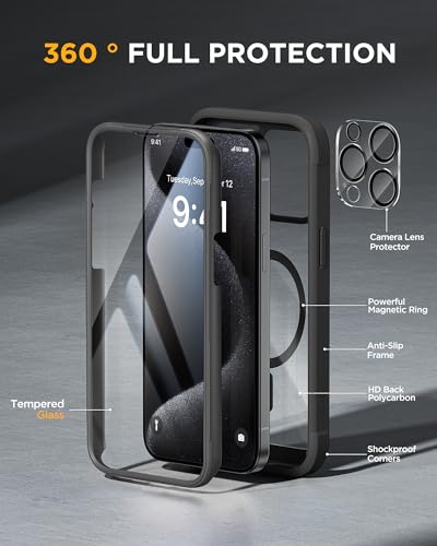 Image of Miracase Magnetic for iPhone 15 Pro Max Case 6.7'' [Compatible with Magsafe] Full-Body Drop Proof Bumper Phone Case for iPhone 15 Pro Max with Built-in 9H Tempered Glass Screen Protector,Black