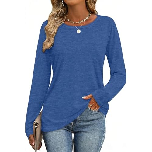 CHICGAL Women Long Sleeve Shirts Casual Dressy Crew Neck Soft Basic Tee Loose Fit Tunic Tops